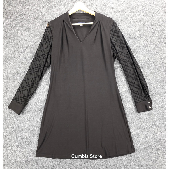 Tommy Hilfiger Dress Womens 10 Black V-Neck Long Sleeve Sheer Flocked A-Line - Picture 4 of 16